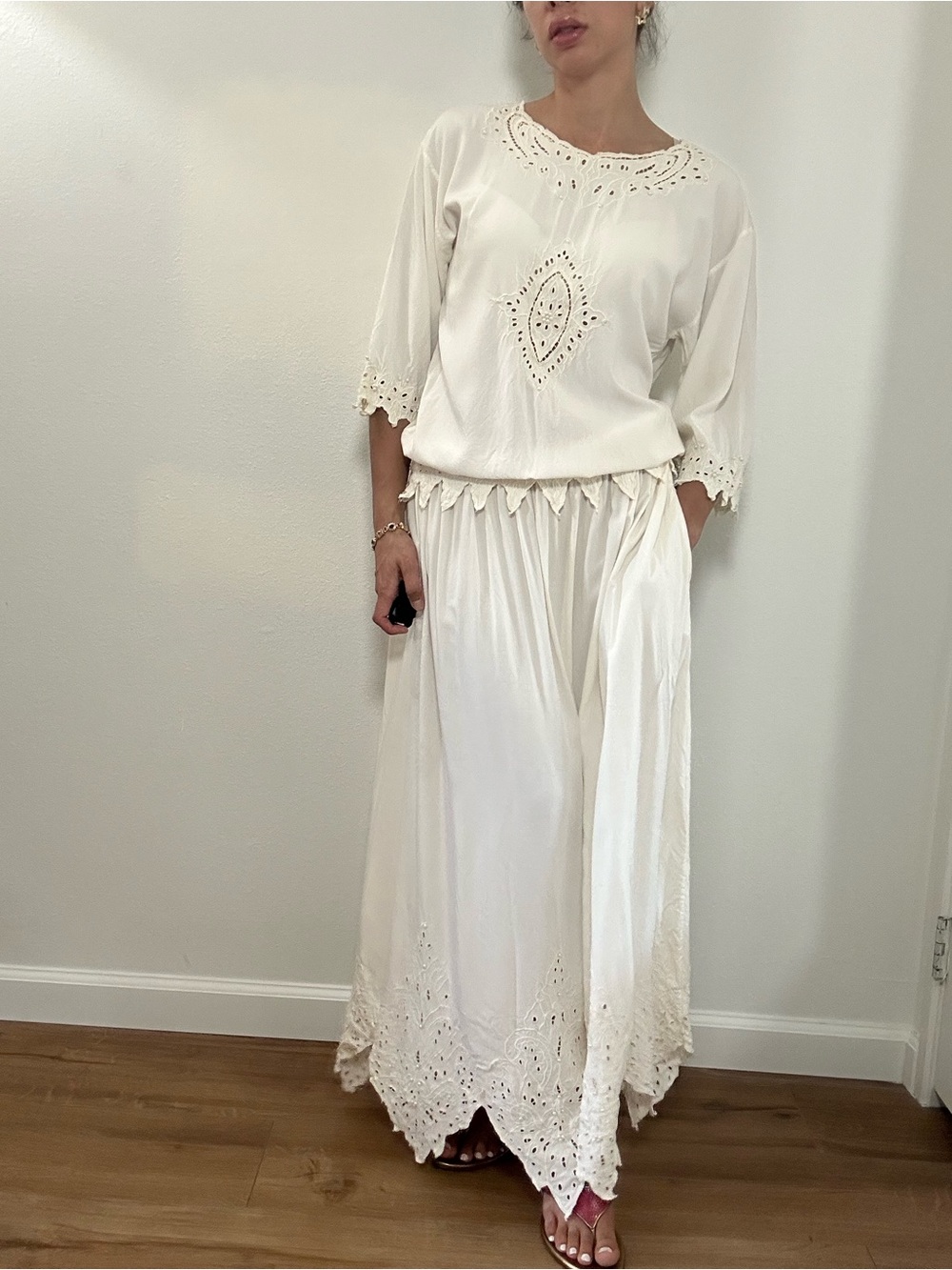 Vintage 80’s Cream Eyelet Lace Beaded Two Piece Maxi Skirt Blouse Set Boho S